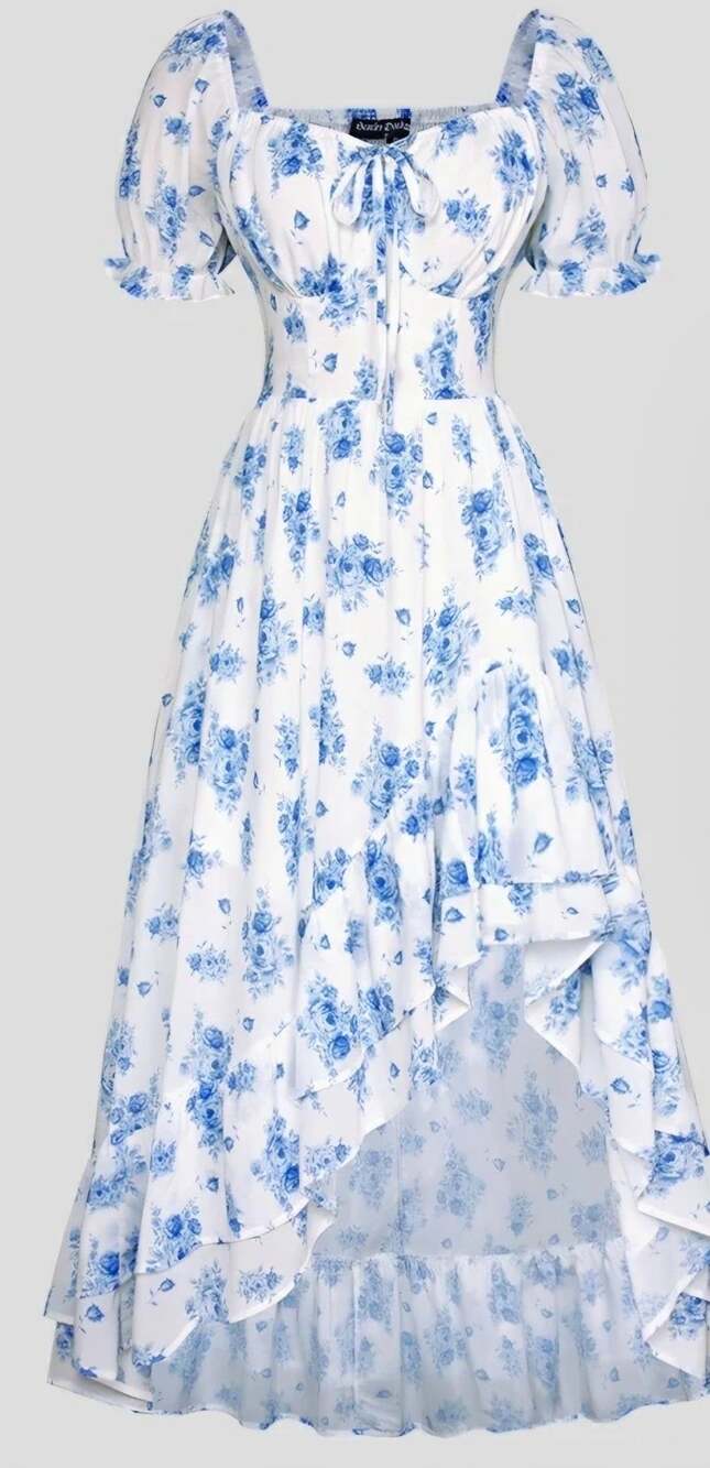 Scarlet Darkness Floral Corset Dress Size XL Blue White Chiffon Maxi Ruffle
